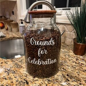 Glass Coffee Bean Storage Jar with Wooden Lid - 'Grounds for Celebration'